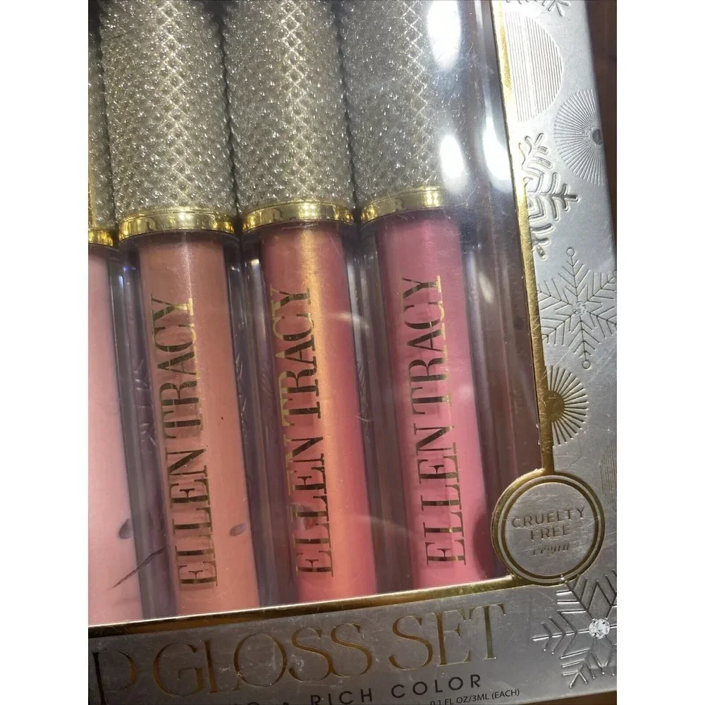 Ellen Tracy Lip Gloss Set 4pc‎ Each 0.10oz NIB Winter Pinks Snowflakes Diamonds